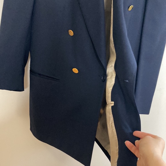 Vintage Sport Coat Mens 44S Navy Blue Wool Double Breast Peak Collar Gold Button - Picture 11 of 16
